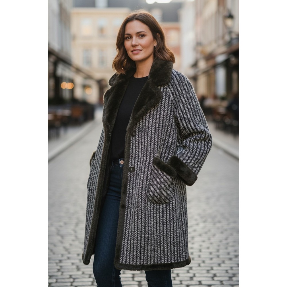 Vintage Style Striped Faux Fur‎ Trim Coat Black White Mid Length Heavyweight L